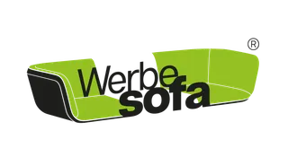 Green sofa with lettering 'Werbesofa'.
