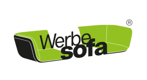 Green sofa with lettering 'Werbesofa'.