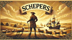 Shepherd with sheep, sailing ship in the background.